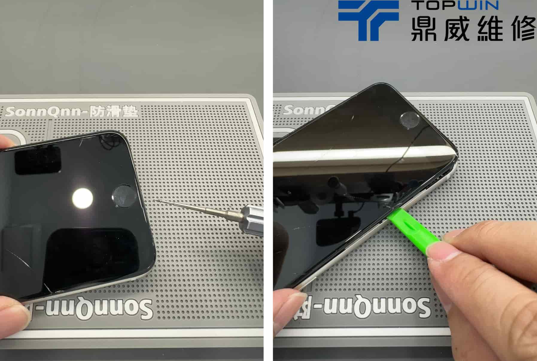 iPhone 7 螢幕更換前拆除底部螺絲並開啟面板