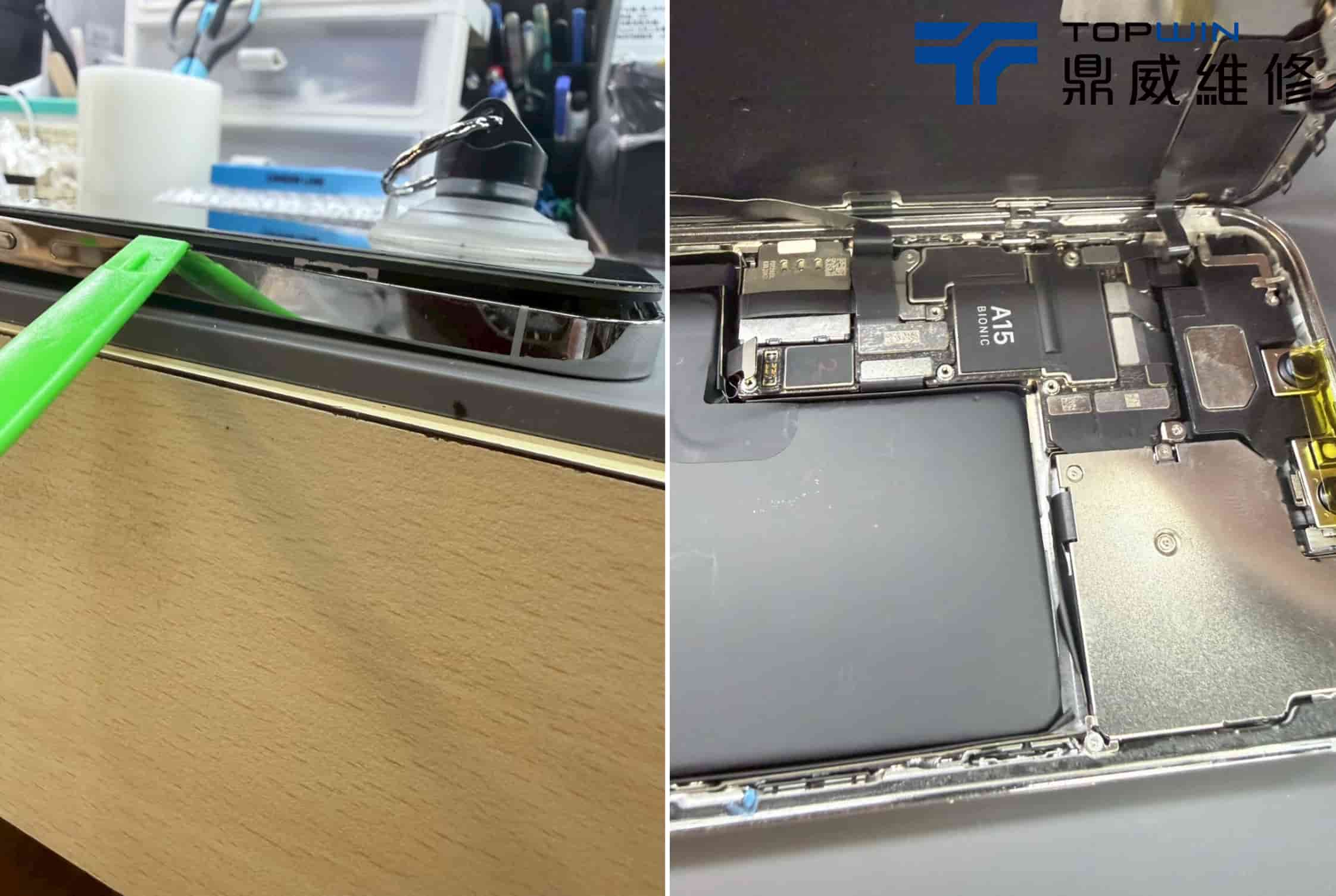 用拆機棒獎手機螢幕從側邊翹起