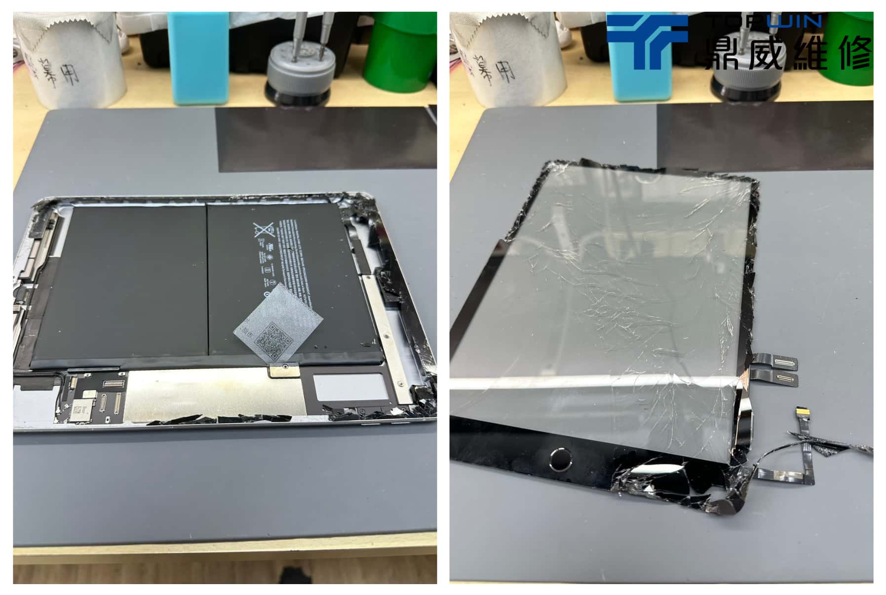 iPad維修案例-拆卸破裂的觸控玻璃並斷電