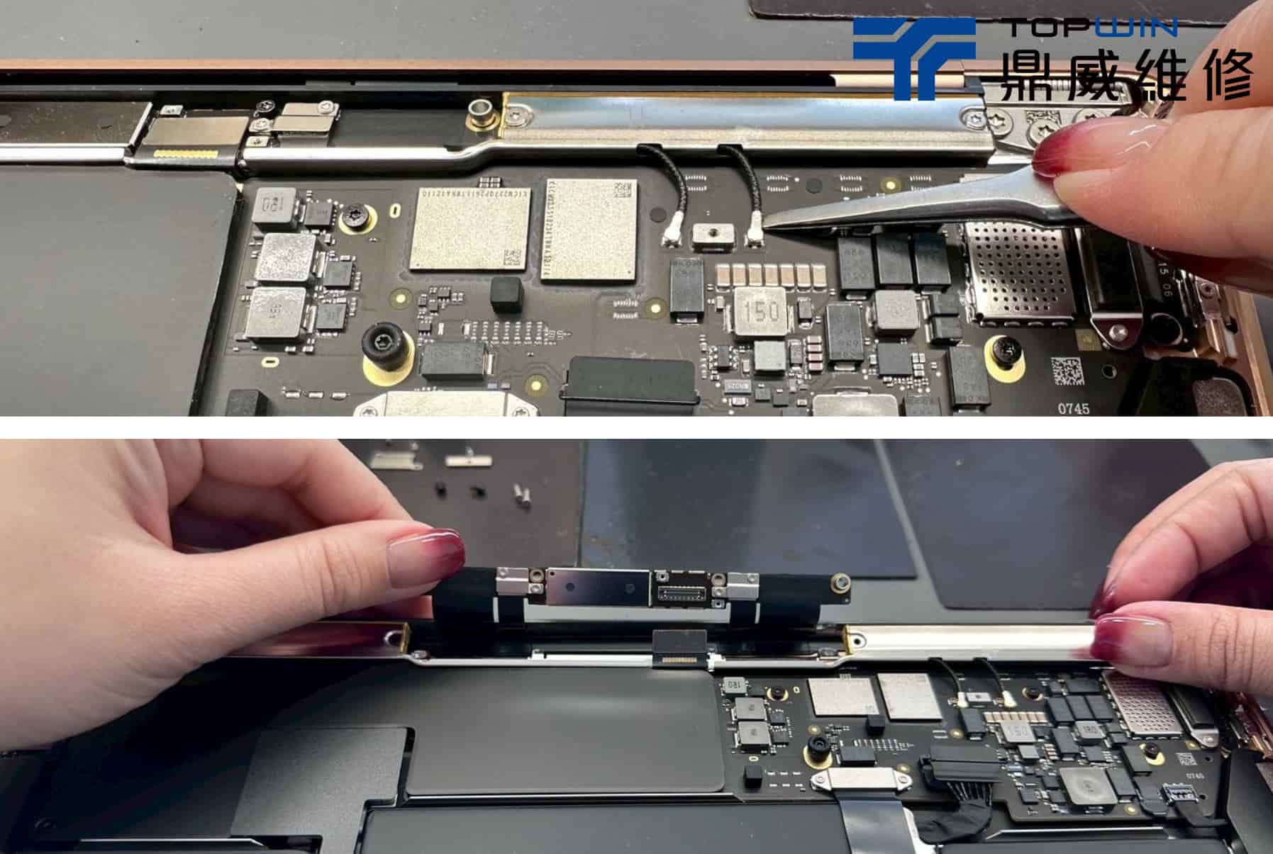 用鑷子將連接主機板上的天線、排扣都挑起