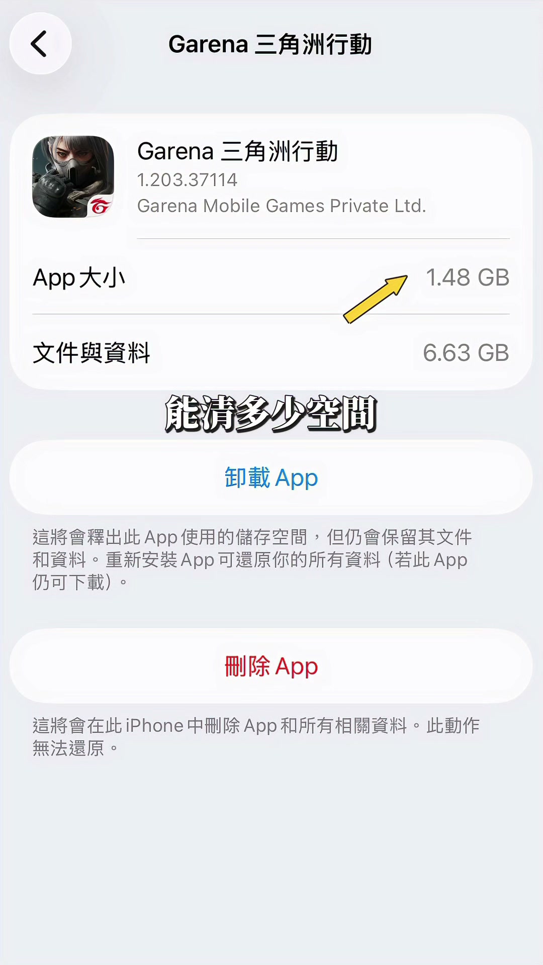 影片詳細用量顯示 App 大小 1.48GB、文件與資料 6.63GB