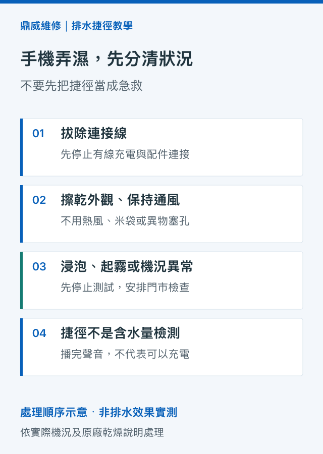 手機沾水處理分流示意：先拔線擦乾通風；浸泡、起霧或異常時停止測試並安排檢測