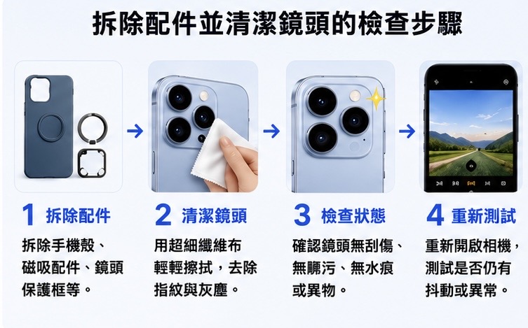 拆除手機殼、磁吸配件、鏡頭保護框並清潔鏡頭