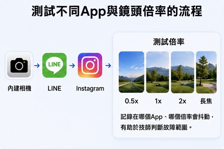 測試內建相機、LINE、Instagram 與 0.5x、1x、2x、長焦倍率